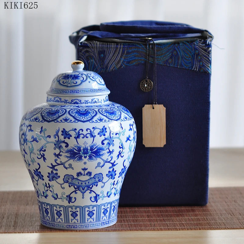 

Creative Blue Flower Tengman Ceramic Tea Caddy with Lid Household Large-capacity Sealed Storage Jar Flower Vase Home Decoration