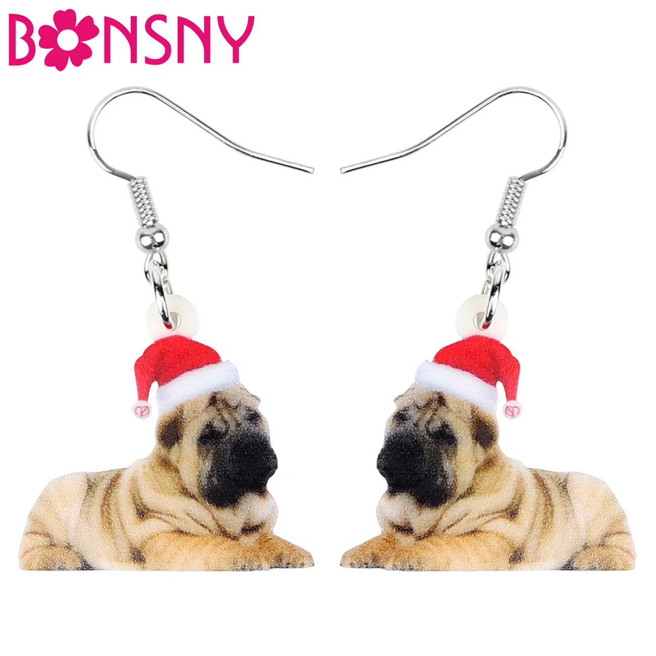 Bonsny Acrylic Christmas Hat Shar Pei Dog Earrings Drop Dangle Animal Jewelry For Women Girl Kid Party Decoration Gift Accessory