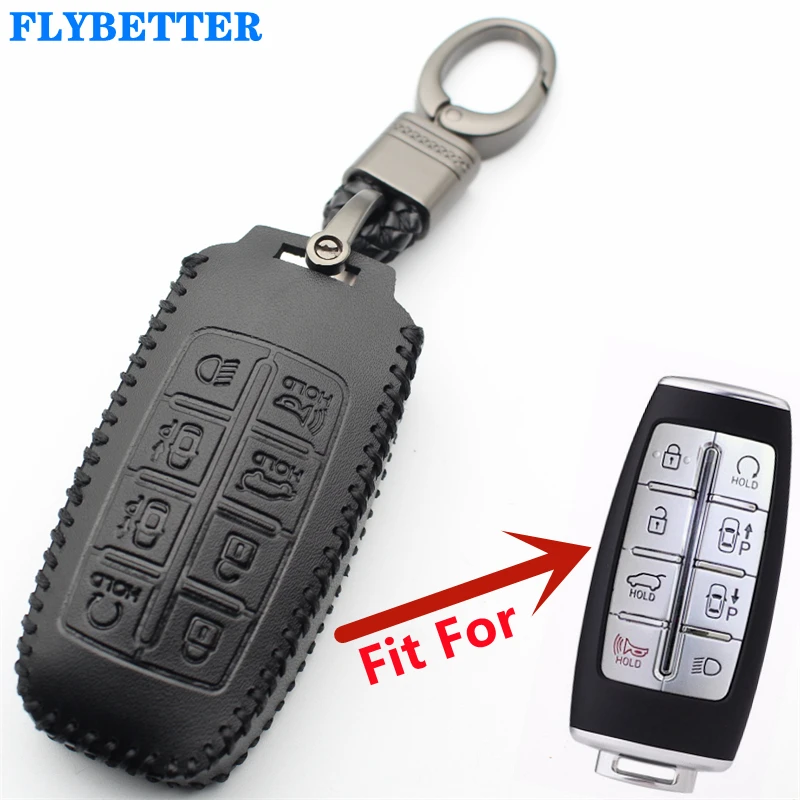 FLYBETTER Genuine Leather Key Case Cover For Hyundai Genesis G80 GV70 GV80 2019 2020 2021 L698