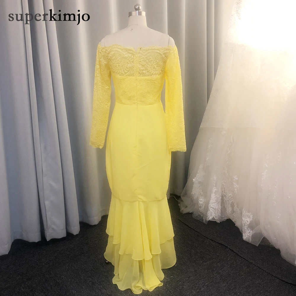 yellow prom dresses 2020 off the shoulder long sleeve real picture evening dresses chiffon ruffle bridesmaid dress