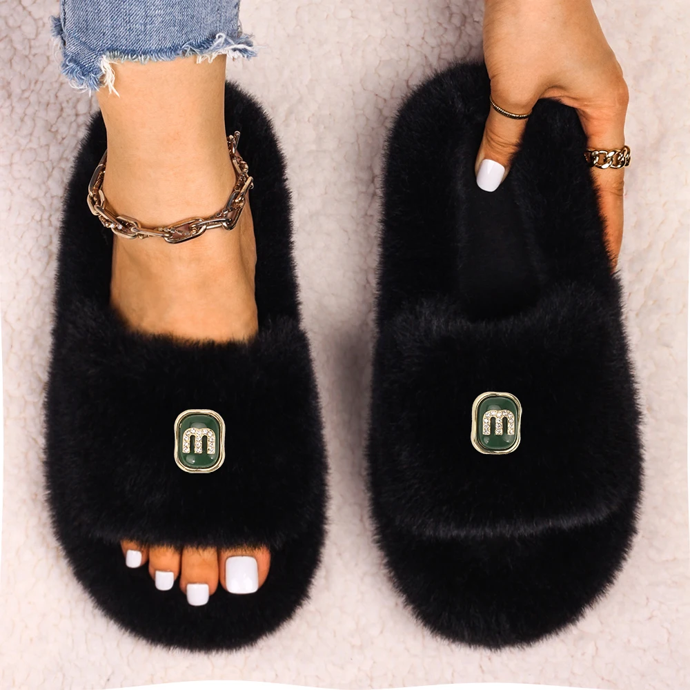 Women Sandals Fluffy Slippers Luxury Designer Letter Decor Furry Slides Flip Flops Faux Fur Slippers Female Brand Retro Shoes