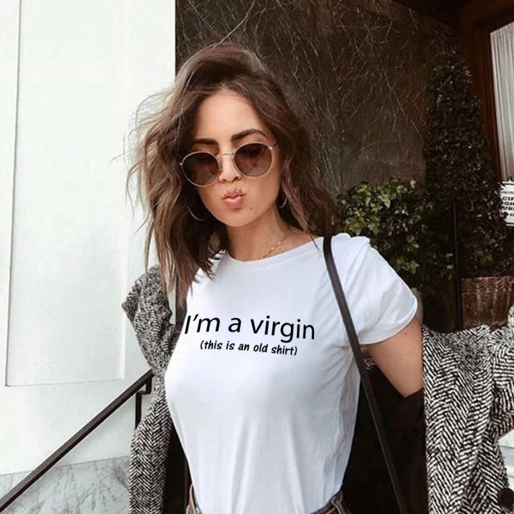 

Women Short Sleeve Casual Basic Tumblr Tshirt Funny Graphic Tees Outfits Im A Virgin This Is An Old Shirt Letter Print T Shirts