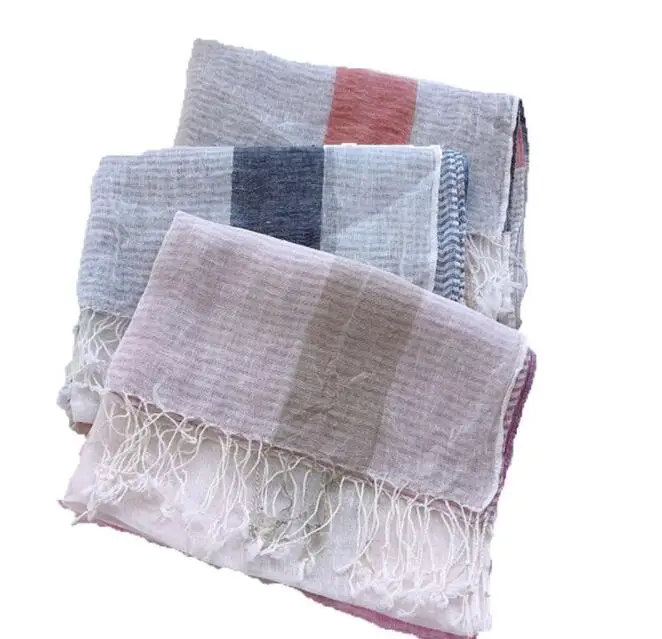 Spring And Summer New Linen Plaid Scarf Long Beach Outdoor Tourism Sunscreen Shawl Women Linen Scarf Wholesale And Retail