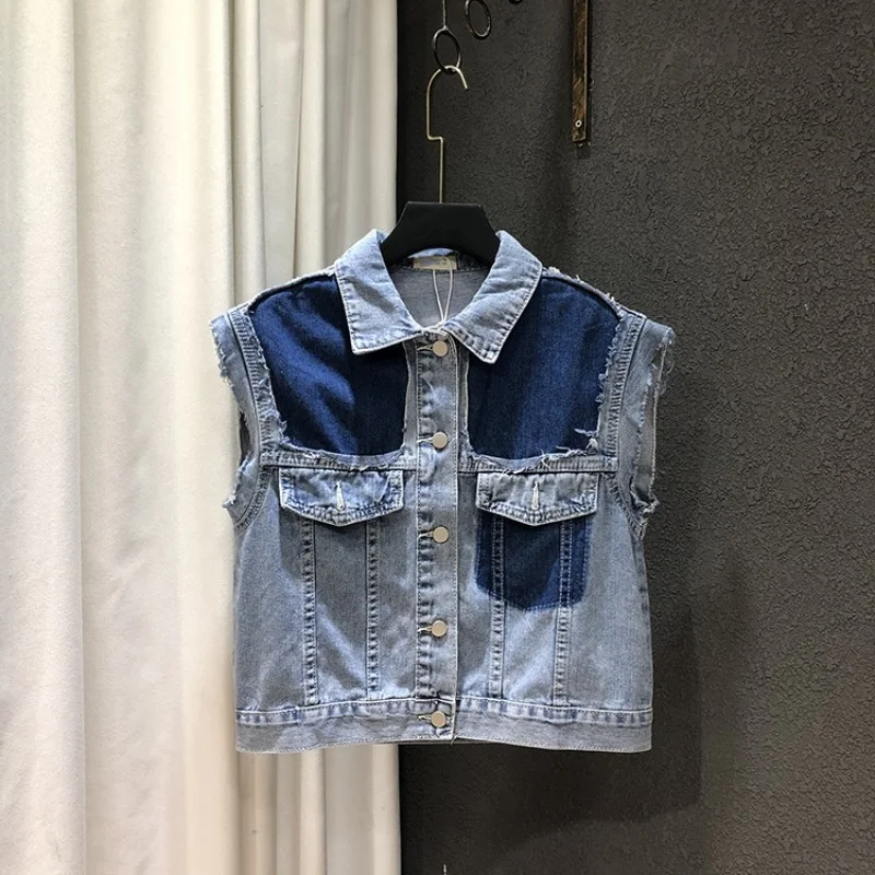 

Colors Summer Panelled Womens Denim Vest Sleeveless Waistcoat Patchwork Design Fashion Student Lapel Casual Tops Short Jacket