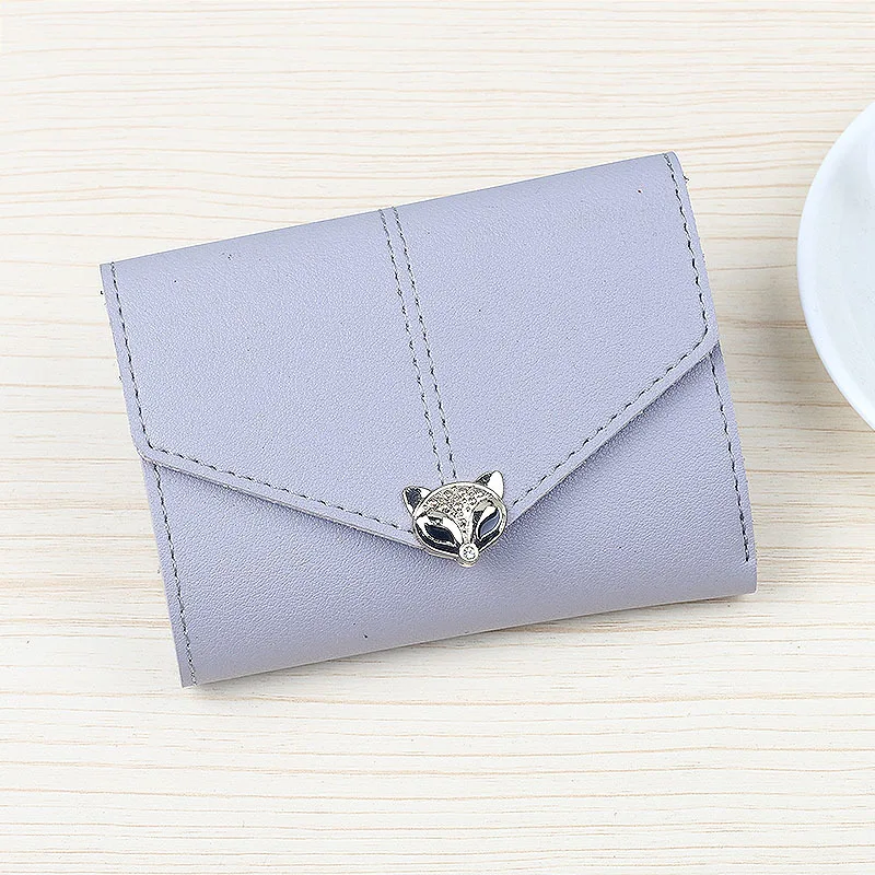 Fashion Short Little Fox Head Three-folding Female Wallet with Lychee Pattern Simple Fashion Buckle PU Wallet Card Holder