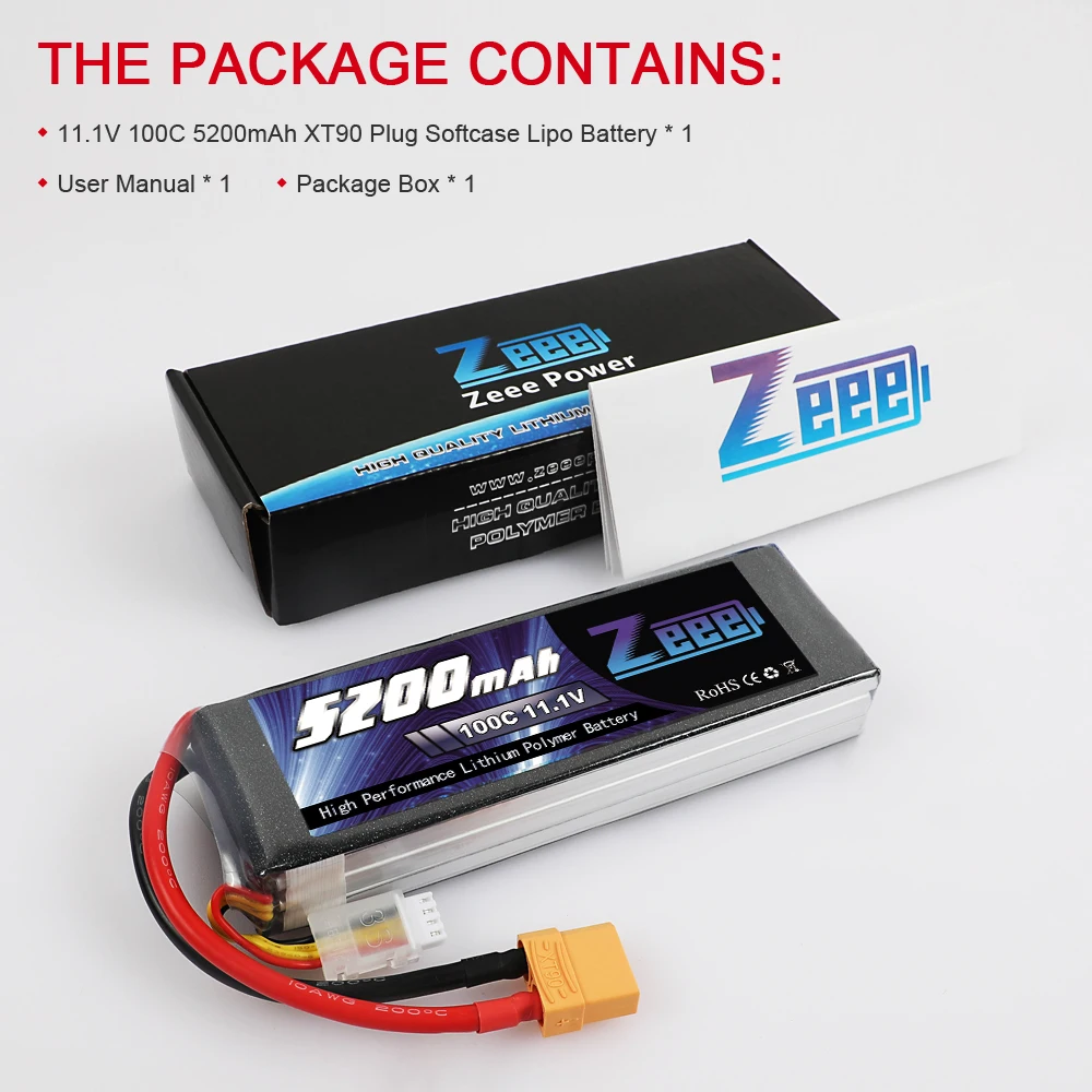 Zeee 11.1V 5200mAh 100C 3S Lipo Battery with XT90 Connector Graphene Lipo Battey for RC Car Boat Quadcopter Helicopter Airplane