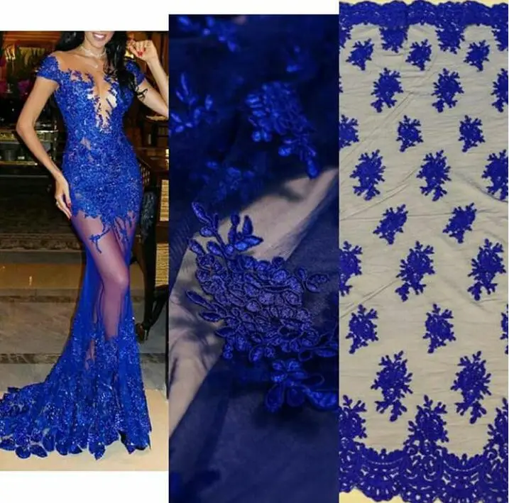 New Royal Blue Mermaid Lace Evening Dress Long Sexy Illusion Prom Party Gowns Custoed Formal Appliques Vestido de Festa