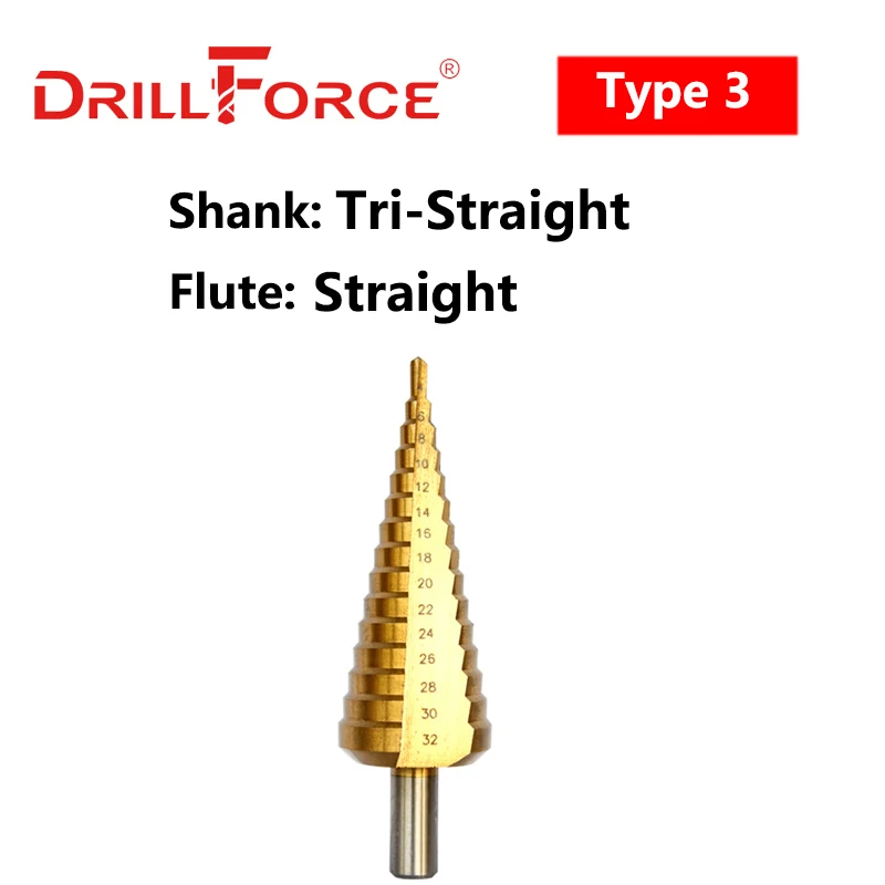 Drillforce التيتانيوم خطوة لقمة ثقب HSS دوامة مستقيم مخدد مثلث عرافة تغيير سريع عرقوب المعادن النجارة ثقب القاطع