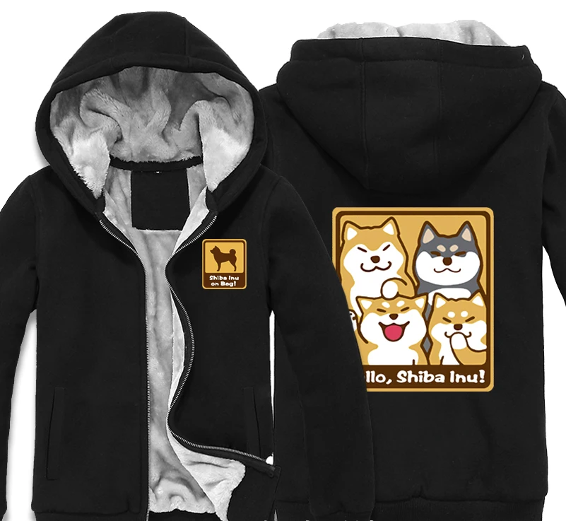 Japan Anime Doge Shiba Inu Thick Fleece Mens Outwear Big Yards Cotton Hoodie Coat Jacket Parkas Warm