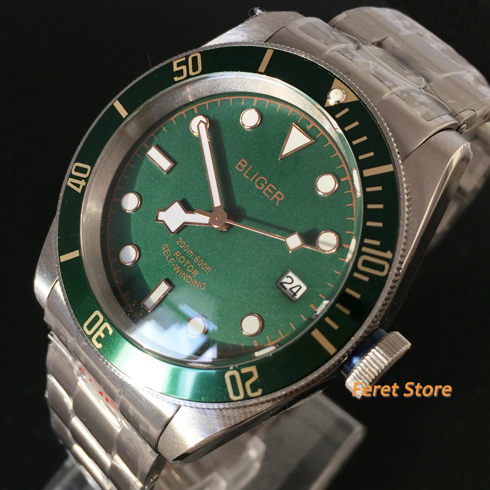 Bliger 41mm Automatic Men's Watch Japan NH35 Sapphire Crystal Face Green Bezel Gold mark Dial Luminous Top Business Watch