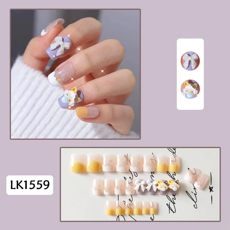 24pcs Girl Blowing Bubbles Nail Patch Sweet Style Glue Type Removable Long Paragraph Manicure Save Time Fake Nail Nail Art