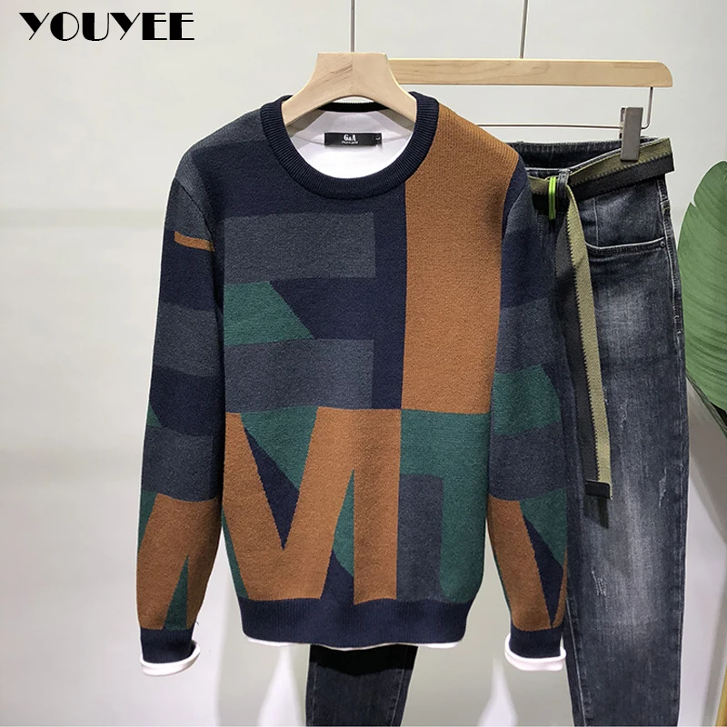 Men\'s Color Matching Sweater Korean Slim Trendy O-neck Plush Thickened Pullover Bottoming Shirt 2021 Autumn Winter Male Clothing