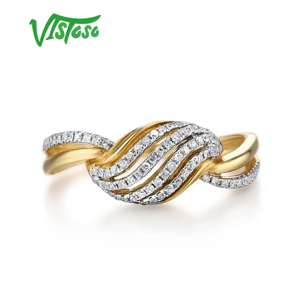 VISTOSO Genuine 14K 585 Yellow Gold Sparkling Diamond Ring For Women Twisting Wave Design Ring Anniversary Lady Fine Jewelry