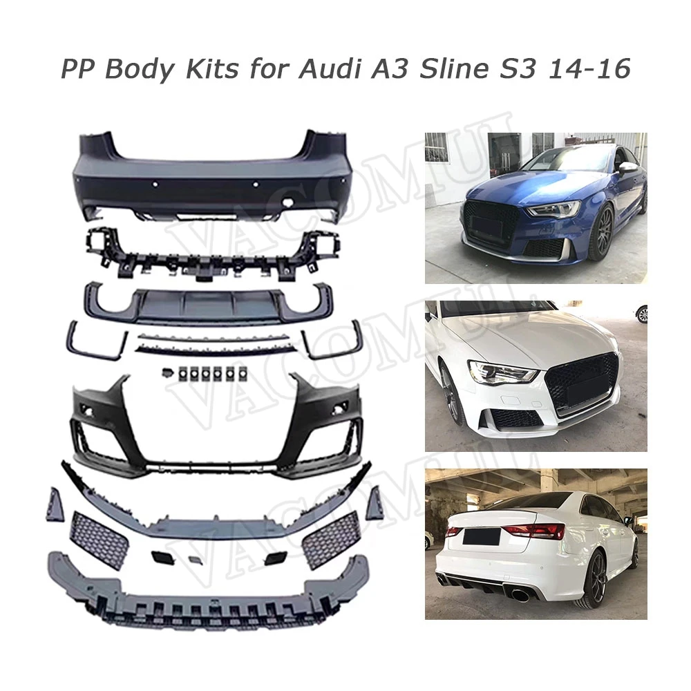 PP Wide Body Kits Front Bumper Rear Lip Diffuser Spoiler Splitter for Audi A3 S3 RS3 Style 2014-2016 Car Facelift Accessories