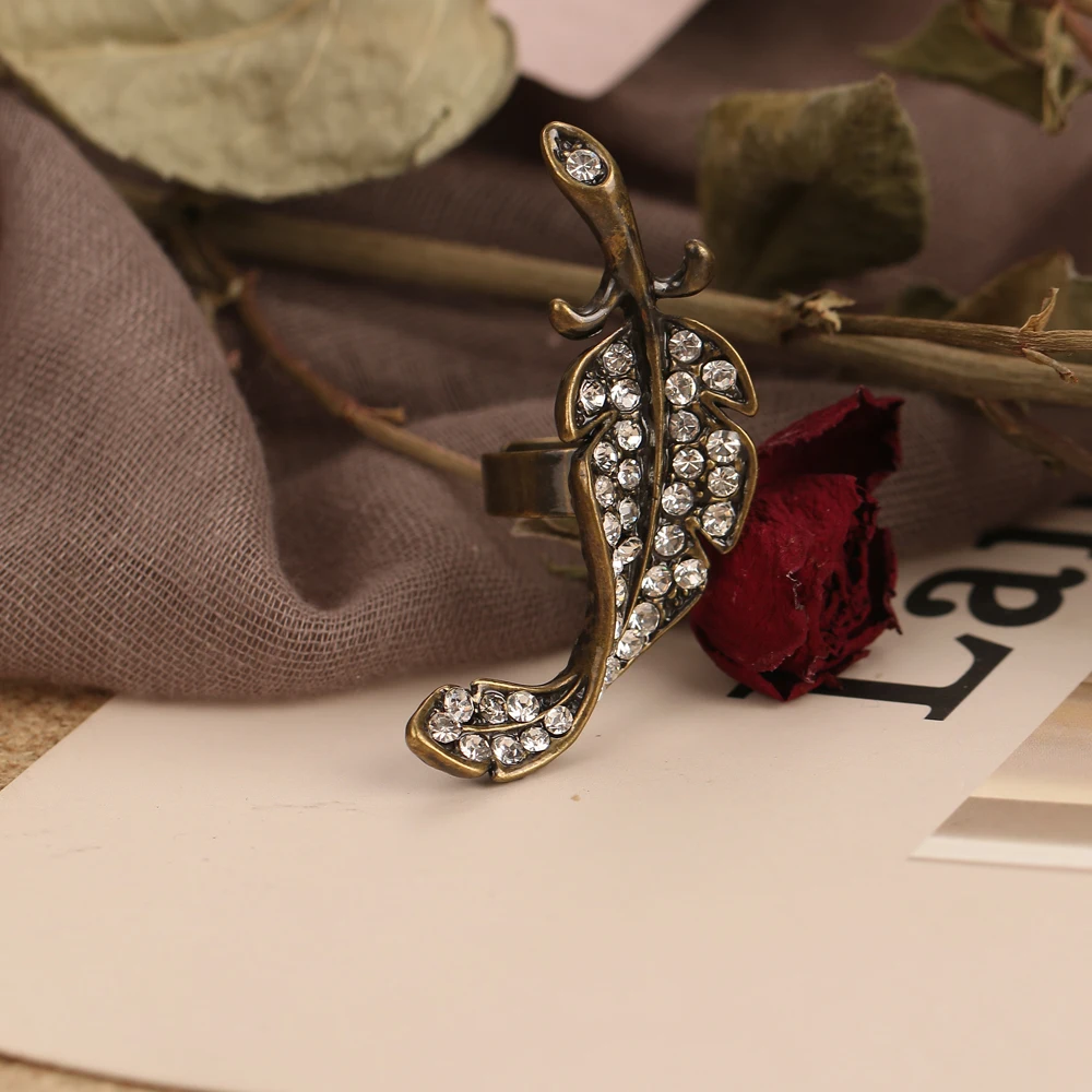 Ancient bronze rhinestone leaf temperament personality literature fashion gift female adjustable opening ring