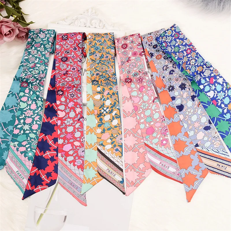 Bag Scarf New Floral Print Women Silk Scarf Skinny Bag Ribbon Female Headband Fashion Head Scarf Long Scarves & Wraps