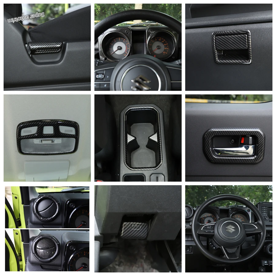 

Carbon Fiber Look Interior Refit Kit Dashboard / Front Reading Lamps / Cup Holder Cover Trim Fit For Suzuki Jimny 2019 - 2023