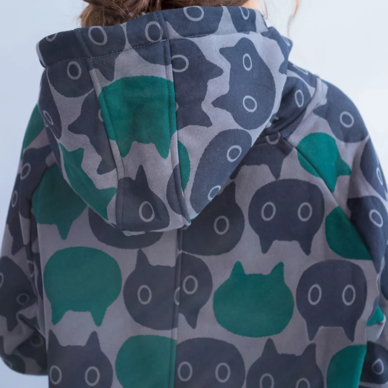 Oversized Women Hoodies & Sweatshirts Winter Thickening Warm Cotton Fashion Female Cat Print Big Size Casual Turtleneck Dress