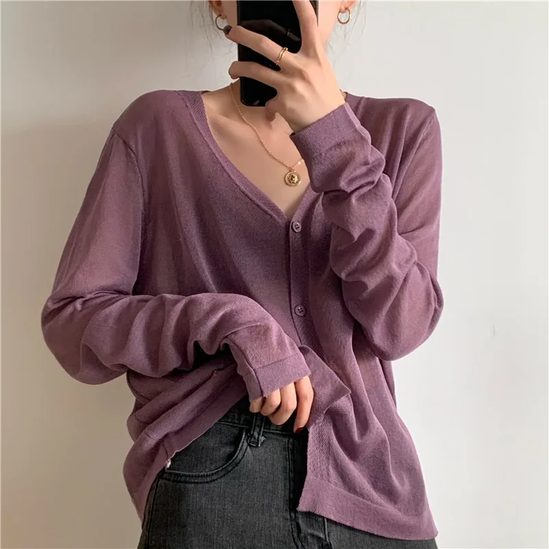 Cardigan Shirt Women Tops Korean Long Sleeve Cardigan Summer Tops V Neck Thin Knitted Sunscreen Shirt Sweater Blusas Mujer E600