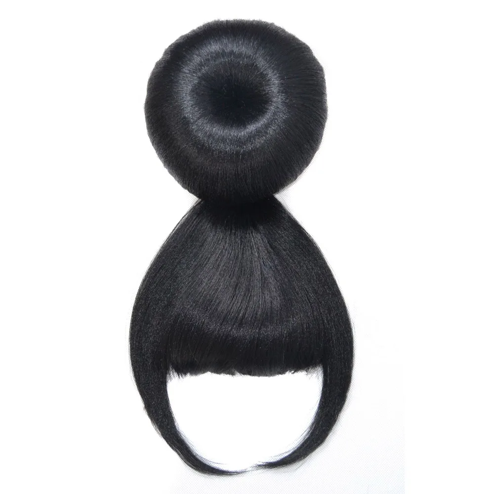 Moño sintético con flequillo para mujer, moño con Clip, moño esférico, postizos, Color negro