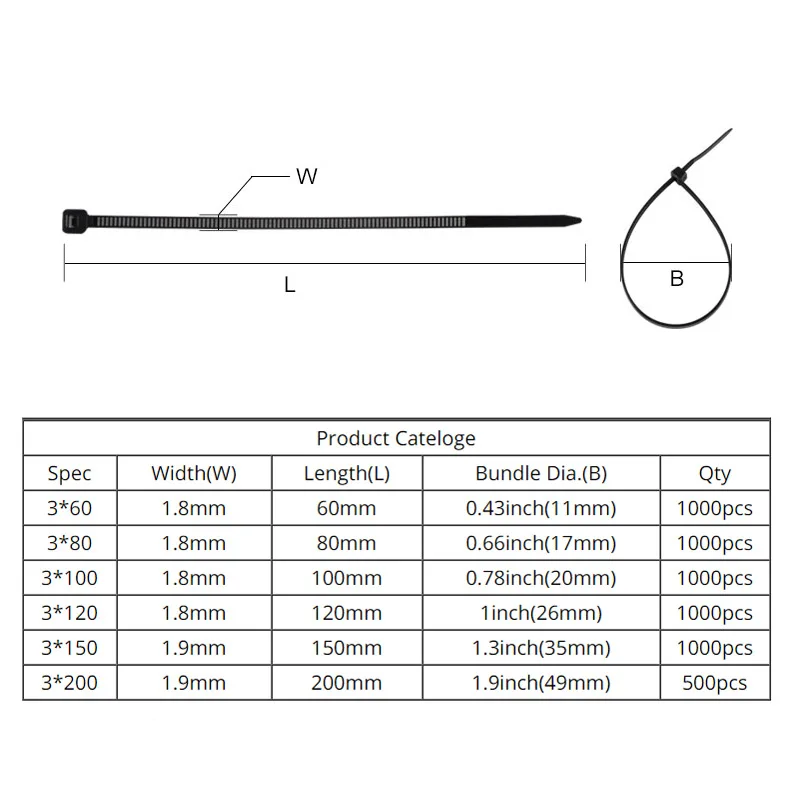 1000(500)PCS Self-Locking Plastic Cable Tie 3x100mm 4*200mm 5x300 Black Nylon Wire Zip Fasten Ring Wraps Strap Large Quantity