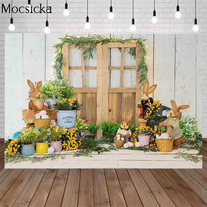 

Spring Easter Photography Backdrop Green Leaf Plants Wooden Door Decor Bunny Egg Child Birthday Portrait Background Photo Studio