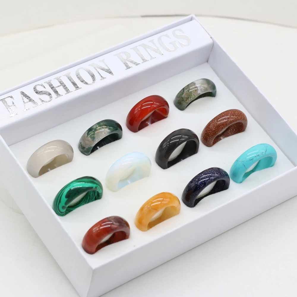 

12Pcs/lot Natural Semi-precious Stone Crystal Agates Rings Set for Women Men Fashion Finger Rings Jewelry Unisex Ring Gift