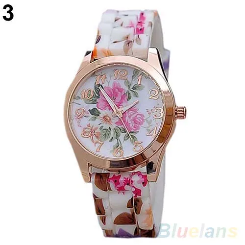 Vintage Women Watch Flower Print Silicon Band Clock Numerals Alloy Dial Quartz Wrist Watch Reloj Mujer Ladies Watch Gift