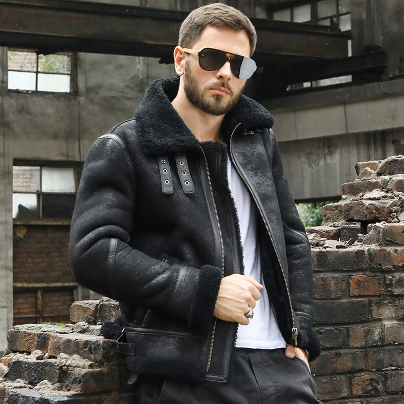 

New Mens Black Shearling Jacket Short Fur Jacket Thicken Winter Sheepskin Coat Hunting Leather Jacket