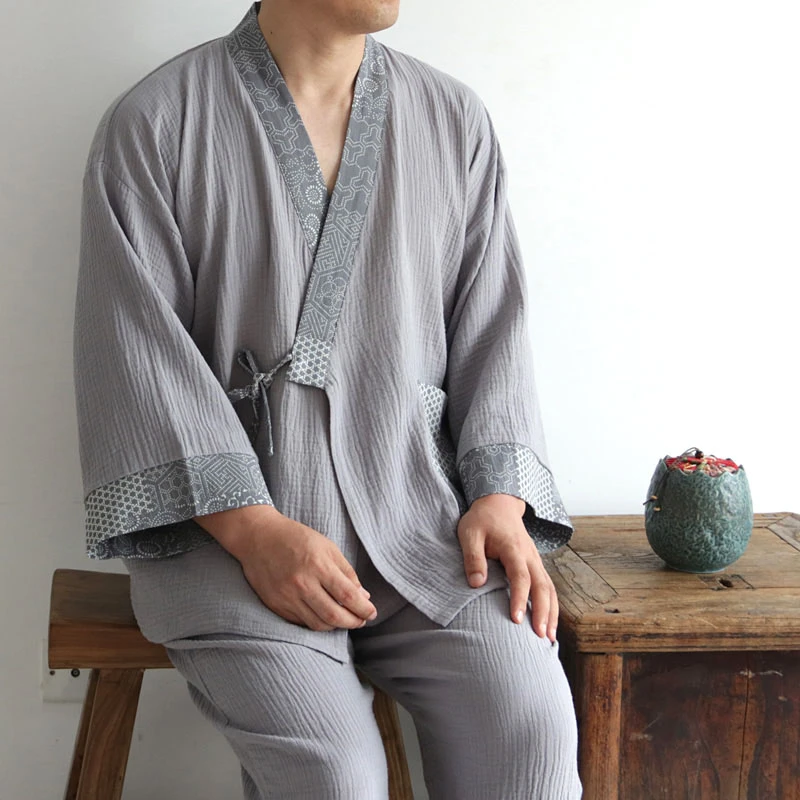 Japanese Men Kimono Three-Quarter Sleeve Cardigan Zen Clothing Trousers Cotton Large Size Loose Solid Color Ladies Home Clothes