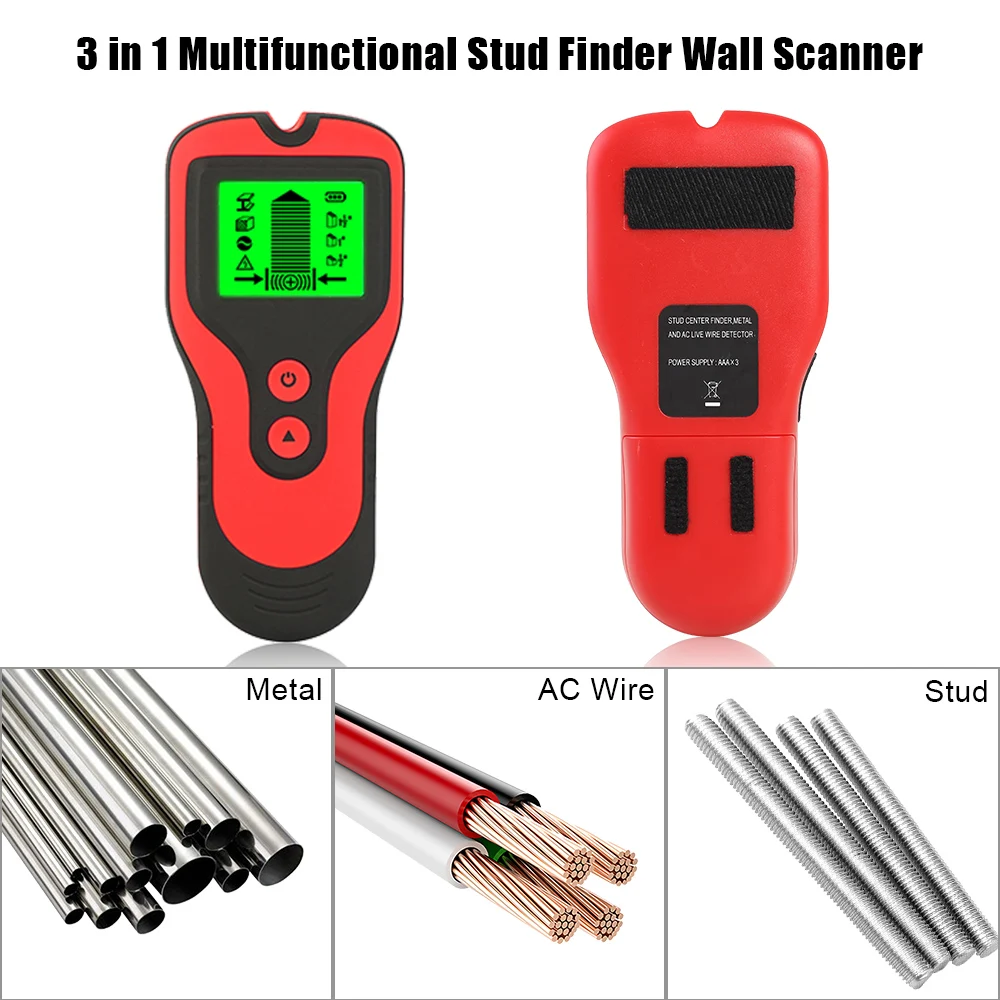 Wall Tester Measuring Instrument Stud AC Live Wires Cable Detector 3 In 1 Multifunctional Wall Metal Scanner Electric Box Finder