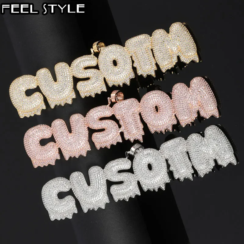 Hip Hop Iced Out Bubble Drip Letters Custom Name Cubic Zircon Chain Pendants & Necklaces For Men Women Jewelry