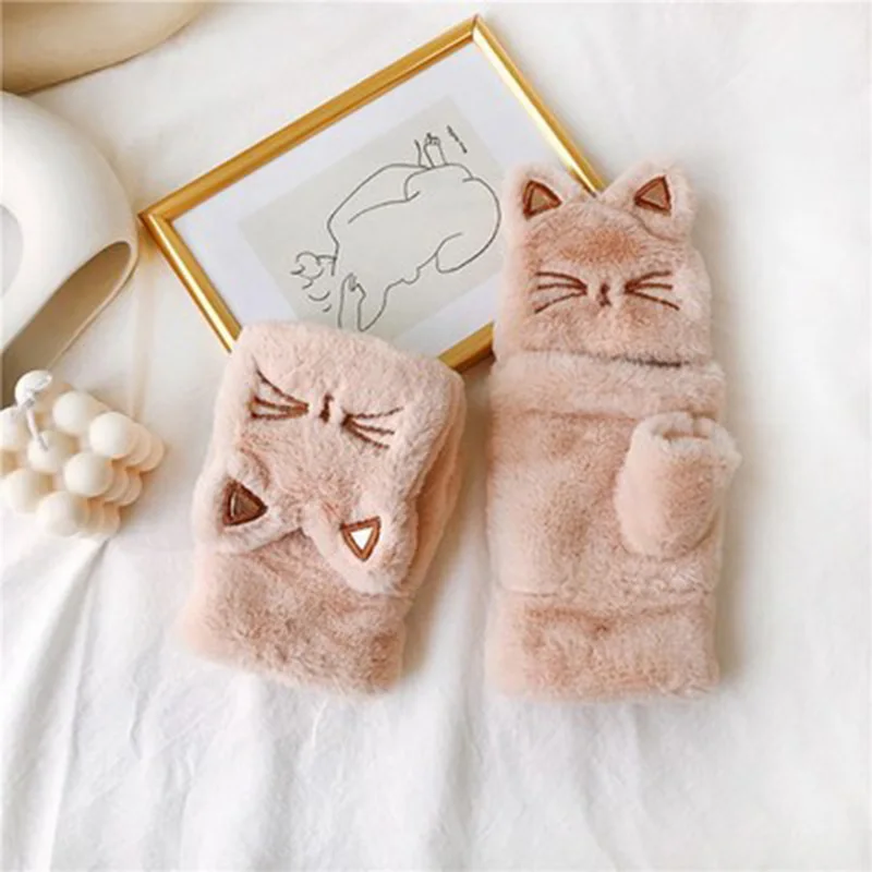 Women Winter Warm Plus Velvet Thicken Half Finger Flip Cycling Driving Gloves Cute Cat Fingerless Touch screen Mittens H10