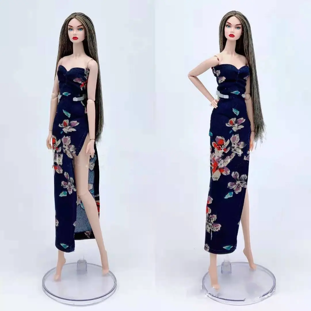 Fashion off Shoulder Dark Blue Floral Dress Party Gown for Barbie Doll Clothes Princess Vestido 11.5