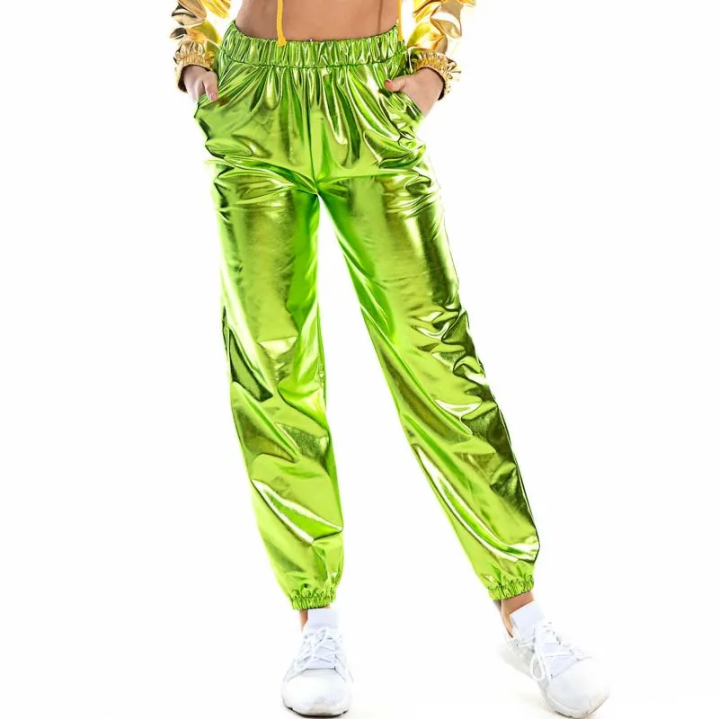 Women Shiny Holographic Pants Loose High Waist Metallic Trousers Dance Performance Hip Hop Pants Streetwear Joggers