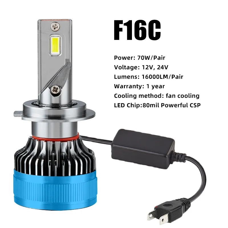 트럭용 LED 전구, 로우 빔 하이 빔, 24V 트럭, H4, H7, H1, H11, 6000K, 12V, LED 헤드라이트, F16C, 6000K, 16000LM, 2 개