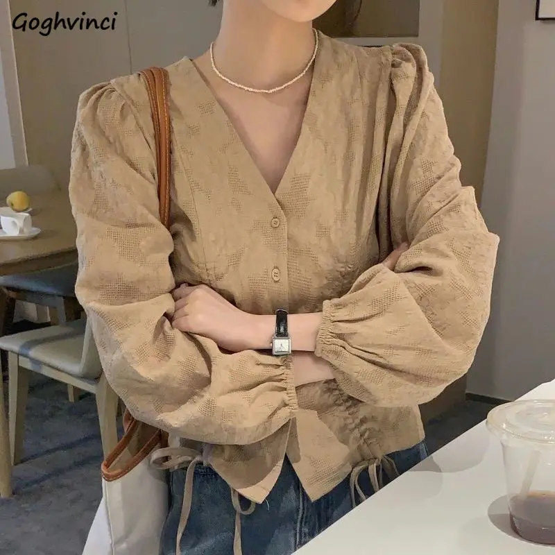 Designer Shirts Women Solid Bandage V-neck Temperament Fashion Teenagers Slouchy Retro Korean Style Females Daily High Quality