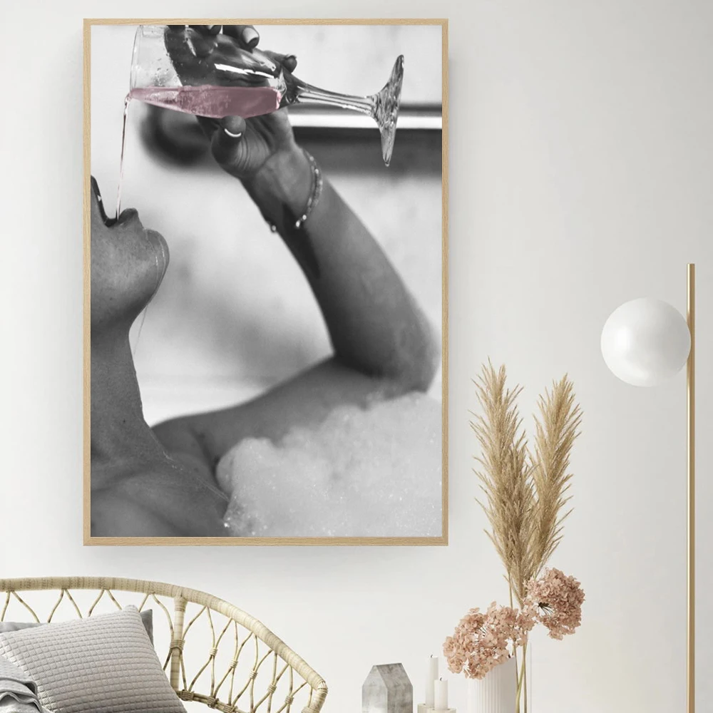 Fashion Woman Drinking Rose Champagne In Bubble Bath Canvas Prints Modern Painting on The Wall Picture Poster for Bathroom Decor