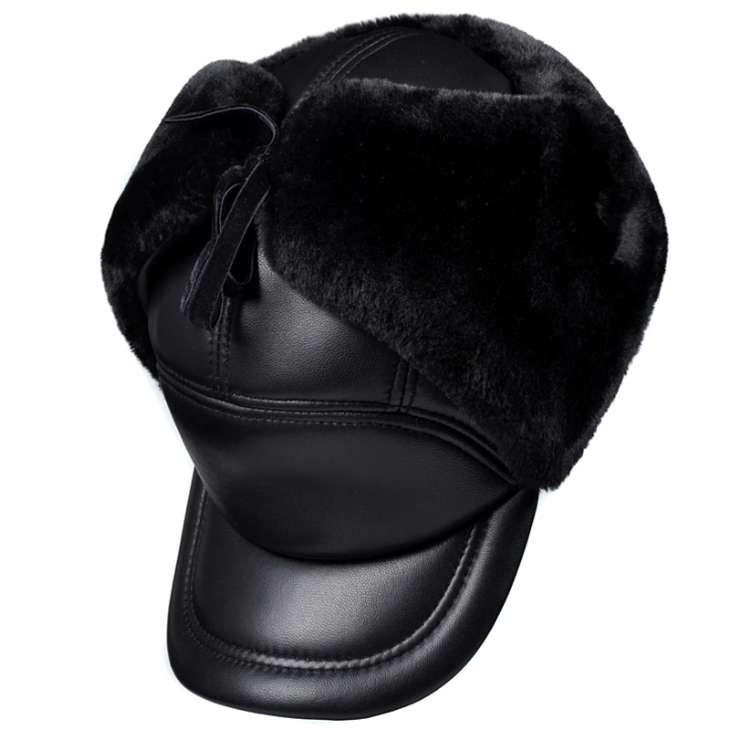 New Winter Men's Fur Hat Genuine Leather Cap Thick Velvet Warm Bomber Hats gorras Sheep Leather Earmuffs Hat Ski Caps For Men