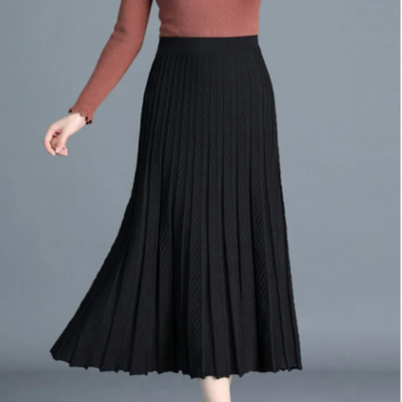 

Women Skirt Knitted Midi Skirt A-line High Waist Simple Elegant Party Skirt Black Red Spring Autumn Winter faldas femme jupes