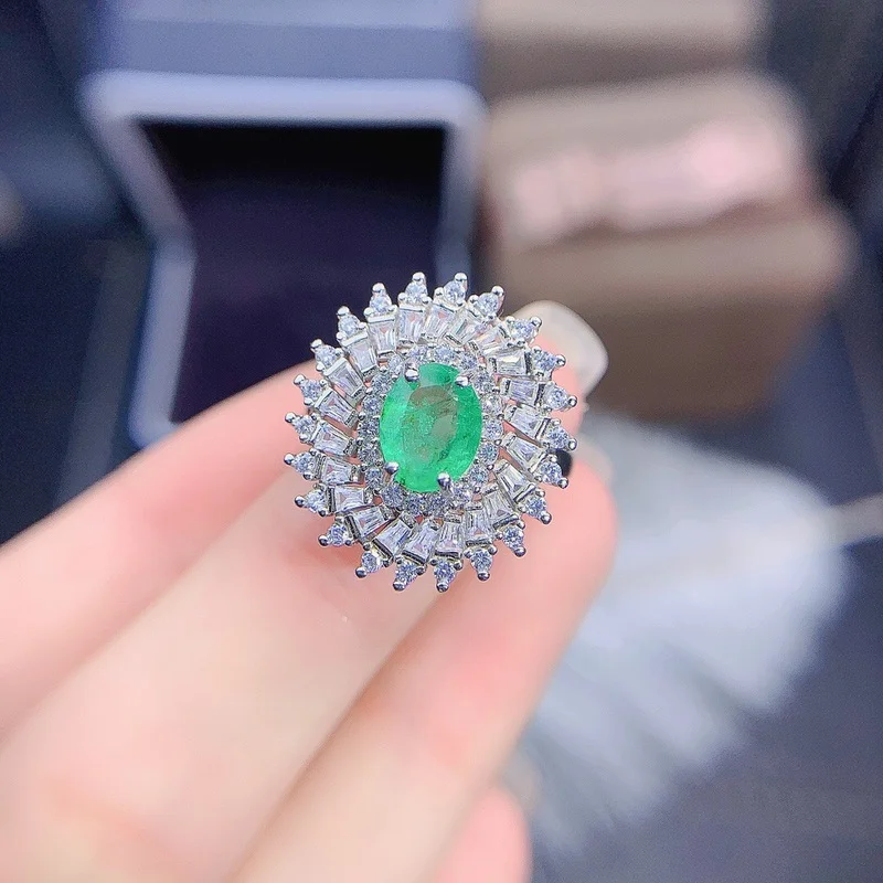 Fine Natural Emerald Ring 925 Silver Lady Gift Simple Simple Birthday Present Wedding Gift 6*8mm