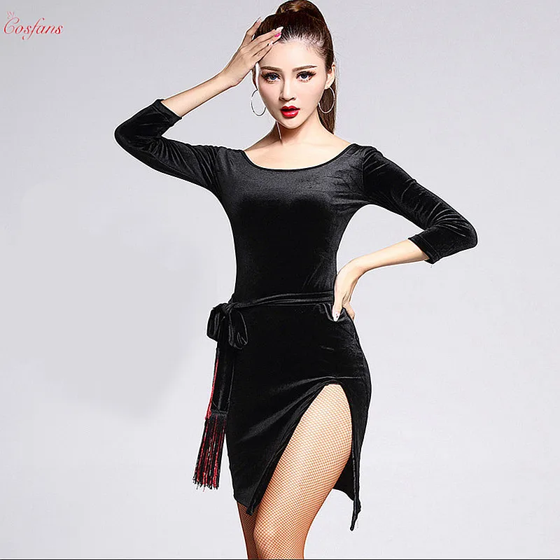

Women Long-sleeved Latin Dress Girls Black Velvet Fringed Latin Ballroom Tango Modern Rumba Cha Cha Salsa Tassel Dance Costume