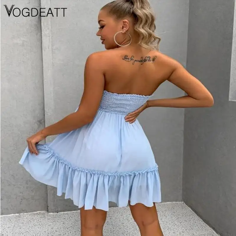 女性のためのレースアップミニドレス,裸の肩,ファッショナブルなノースリーブの衣服,プリーツ裾,ストラップ付き,日常着