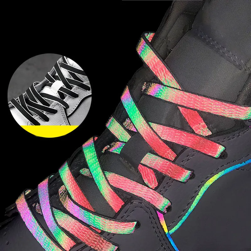 New Holographic Reflective Shoelaces Double-sided Reflective High-bright Reflective Flat Laces Sneakers Shoe Laces 120/140/160cm