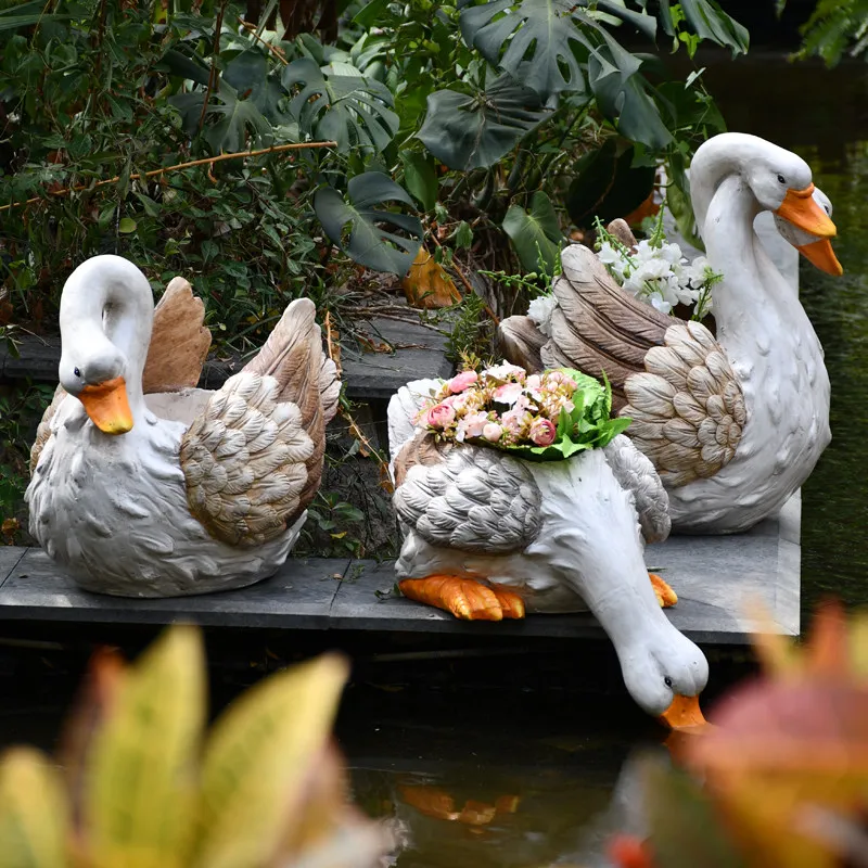 Pastoral Simulation Animal Swan Flower Pot Cement Ornaments Art Pond Pool Rockery Figurines Decoration Garden Furnishing Crafts