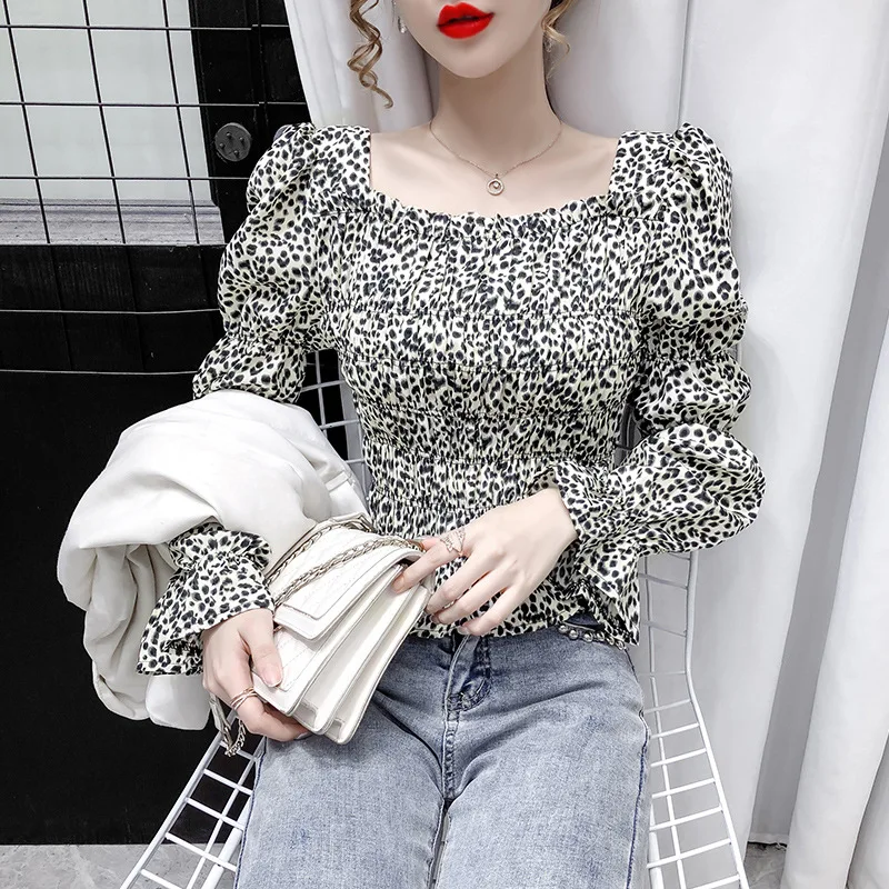 Mulheres Elegante Leopard Print Blusa Collar Square Camisa Puff Flare Manga Longa Pullover Tops Senhora do escritório Plissada Costura Blusa