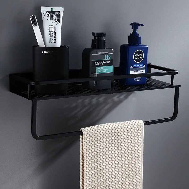 Bagno Mensola con Barra di Tovagliolo Montato a Parete in Alluminio da Bagno Doccia Mensola da Bagno Nero Shampoo Holder Cesto Angolo Titolare Scaffale