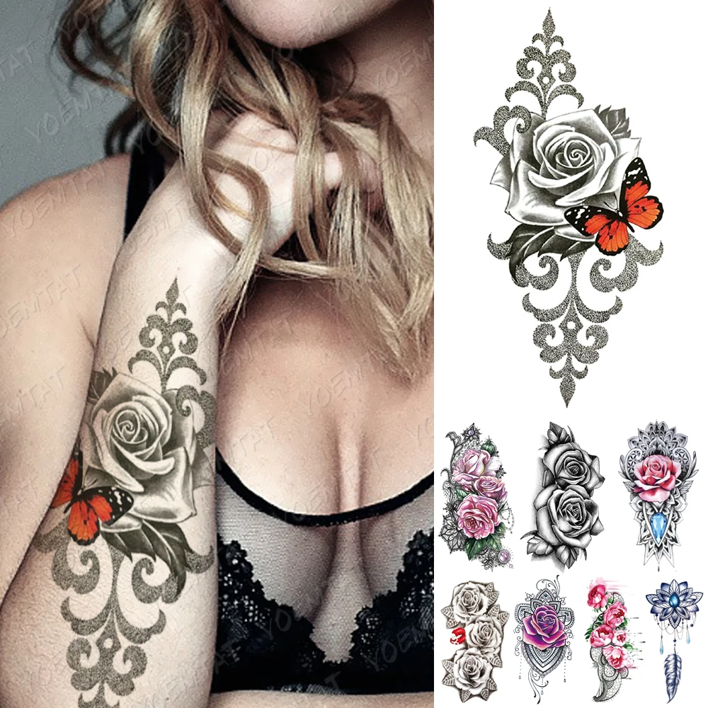 

Waterproof Temporary Tattoo Sticker 3D Totem Rose Butterfly Flash Tattoos Lip Flower Body Art Arm Fake Sleeve Tatoo Women Men