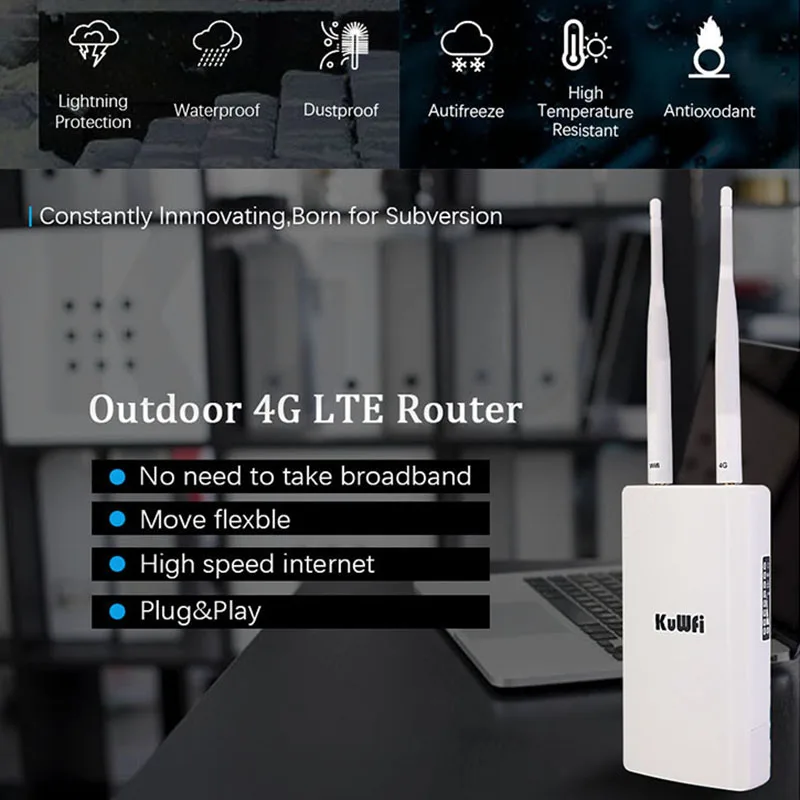 KuWFi-Roteador Sem Fio com Slot Para Cartão Sim, 4G, 300Mbps, LTE, CAT4, Ao Ar Livre, À Prova D\' Água, RJ45, LAN, 2 Antenas para Câmera IP