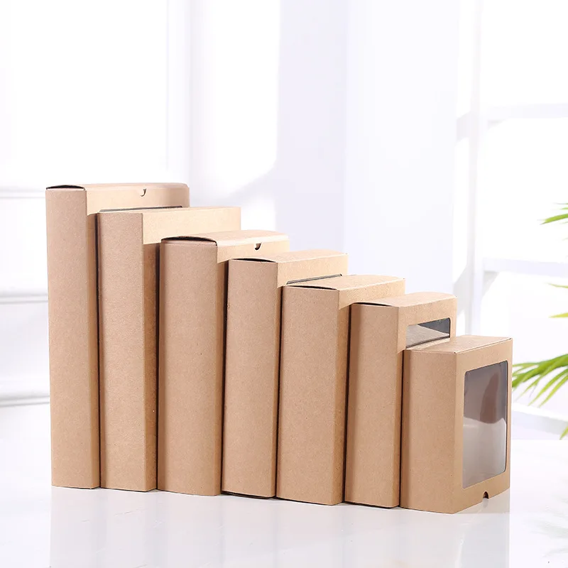 100Pcs Kraft Paper Packing Box With Transparent Window Black Delicate Drawer Display Gift Box Wedding Cookie Candy Cake Boxes